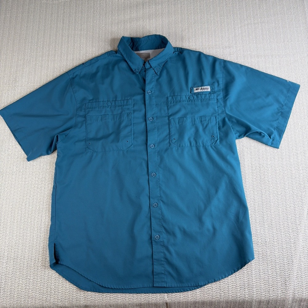 Columbia PFG Fishing Shirt Men Blue Short Sleeve Vented Polyester Button Up